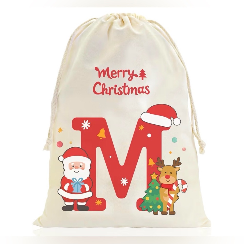 Personalized Santa Sack Drawstring Bag. Letter M  NEW! Small 12x16”